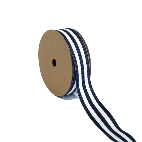7/8" Textured Grosgrain Ribbon | "Mono-Stripe" White/Navy | 25 Yard Roll