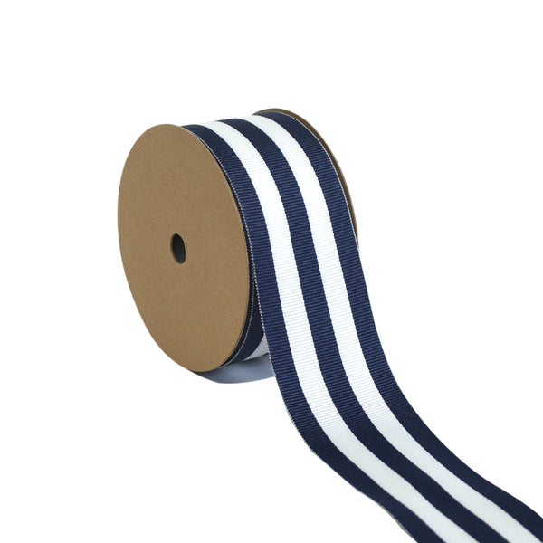 1 1/2" Textured Grosgrain Ribbon | "Mono-Stripe" White/Navy | 50 Yard Roll