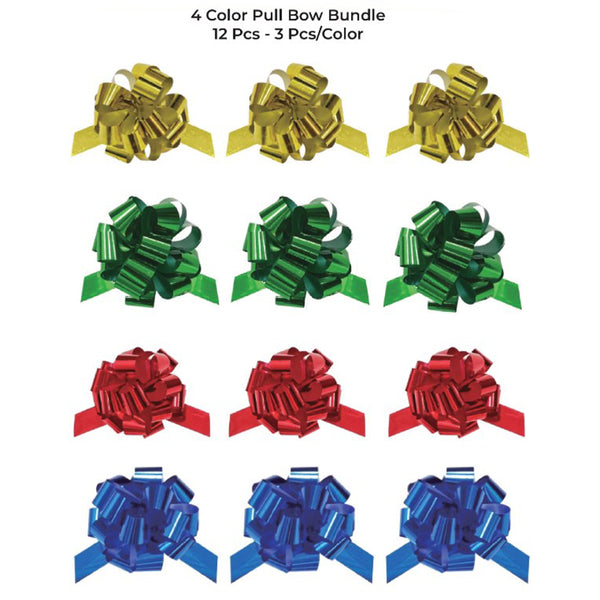 12-pcs 6" Metallic Pull Bow Assortment | Gold/Red/Royal/Green