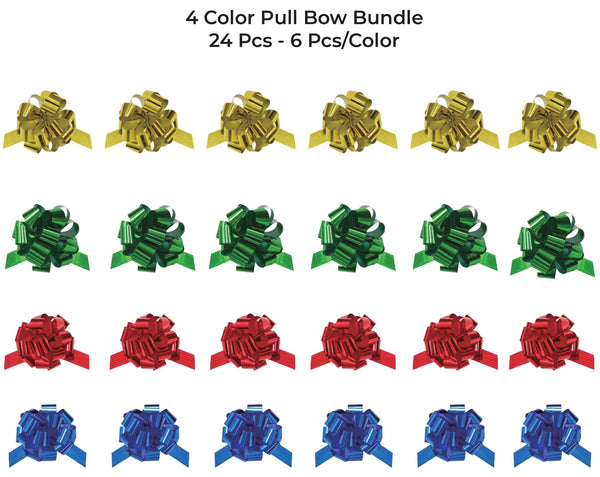 24-pcs 6" Metallic Pull Bow Assortment | Gold/Red/Royal/Green