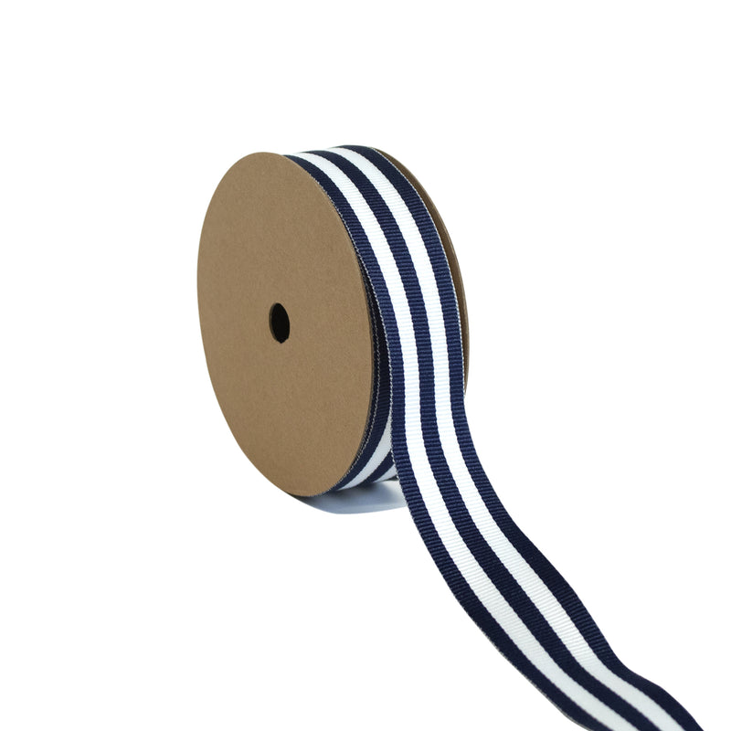 7/8" Textured Grosgrain Ribbon | "Mono-Stripe" White/Navy | 50 Yard Roll