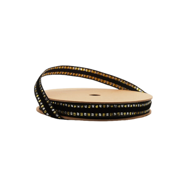 5/8" Wired Edge Corsage Ribbon | Black with Metallic Blocks | 25 Yard Roll