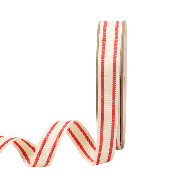 5/8" Cotton Ribbon | "Striped" White/Red | 20 Yard Roll