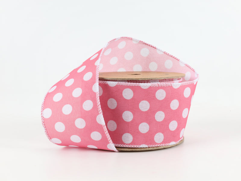 2 1/2 Wired Ribbon | Pink w/ White Polka Dot | 10 Yard Roll