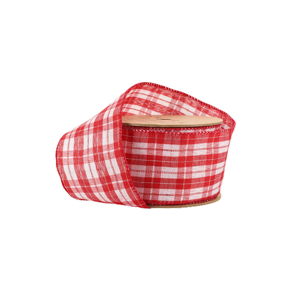 2 1/2 Wired Ribbon | Red/White Plaid Silver Thread | 10 Yard Roll