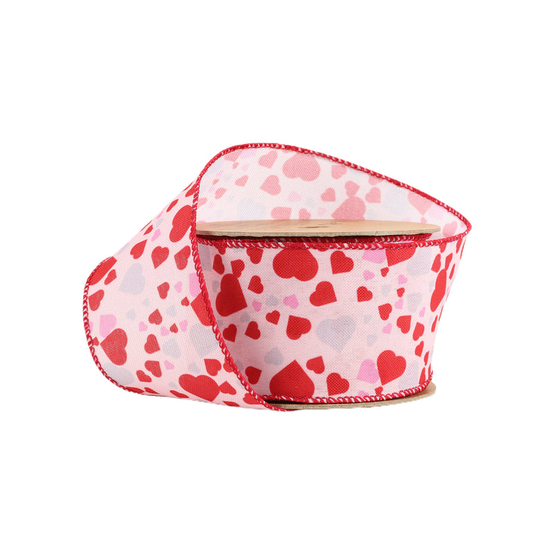 2 1/2 Wired Ribbon | Pink w/ Red/Pink/Lav Allover Hearts | 10 Yard Roll