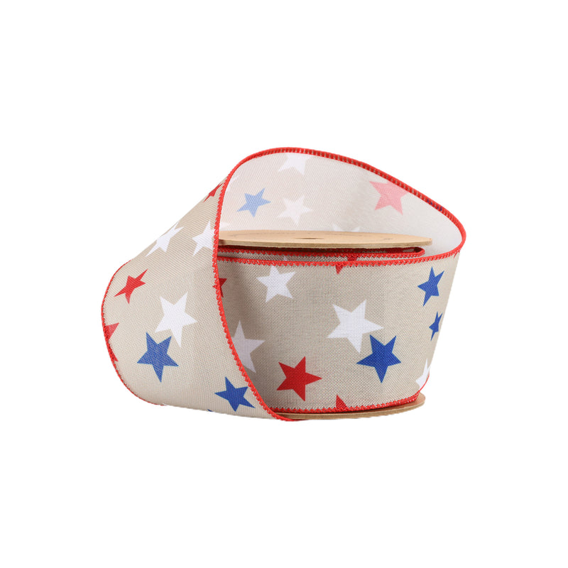 2 1/2 Wired Ribbon | Natural w/ Red/White/Blue Stars | 10 Yard Roll