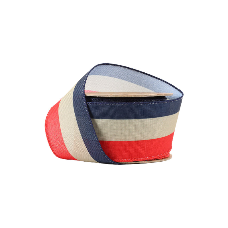 2 1/2 Wired Ribbon | Red/Natural/Blue Bunting Stripe | 10 Yard Roll