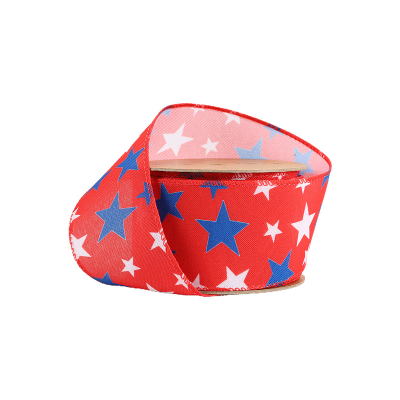 2 1/2 Wired Ribbon | Red w/ White/Blue Stars | 10 Yard Roll