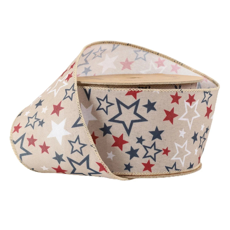 2 1/2 Wired Ribbon | Natural w/ Allover Red/White/Blue Stars | 10 Yard Roll