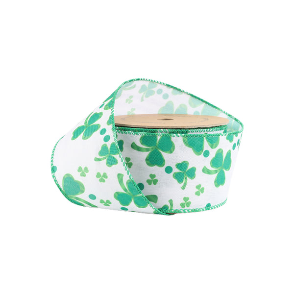 2 1/2 Wired Ribbon | White w/ Shamrock | 10 Yard Roll