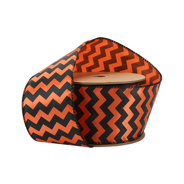 2 1/2" Wired Satin Ribbon | "Chevron" Orange/Black | 10 Yard Roll