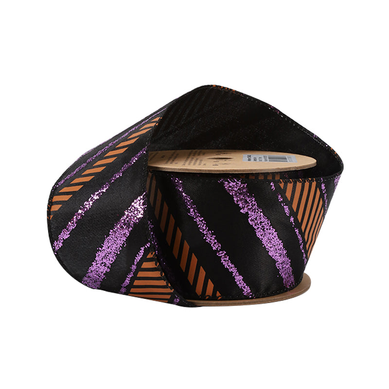 2 1/2" Wired Ribbon | "Glitter Diagonal Stripe" Purple/Black | 10 Yard Roll