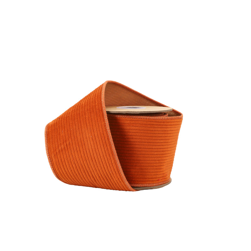 4" Double-Fused Wired Corduroy Ribbon w/ Tissue Back | Orange/Orange Metallic | 5 Yard Roll