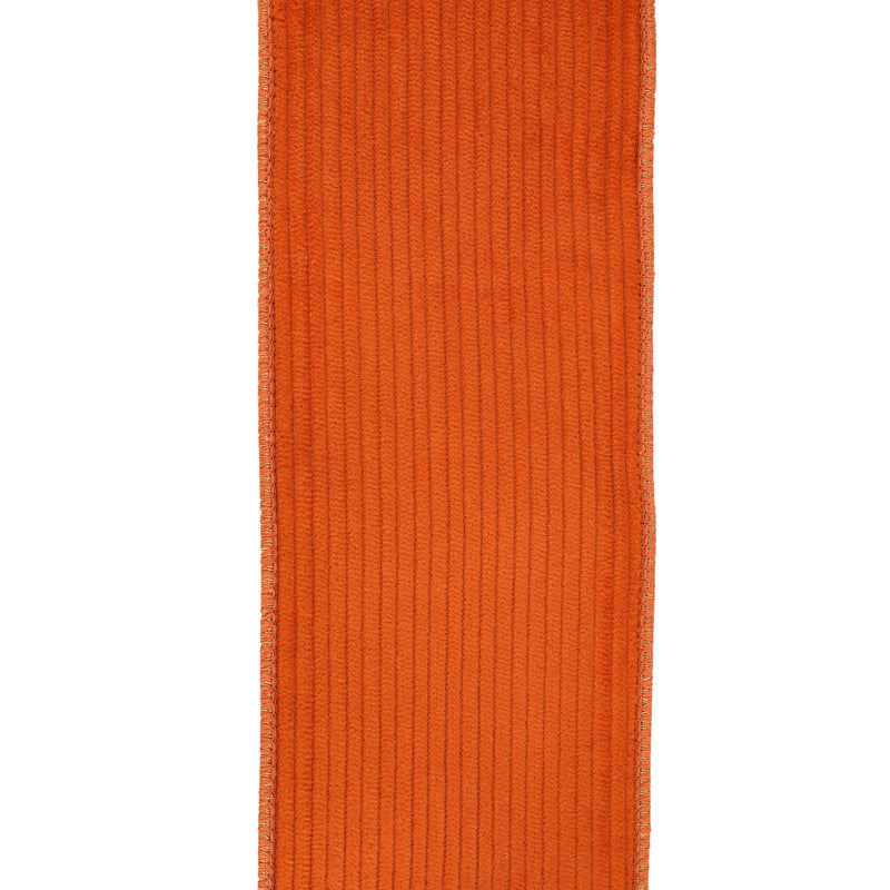 4" Double-Fused Wired Corduroy Ribbon w/ Tissue Back | Orange/Orange Metallic | 5 Yard Roll