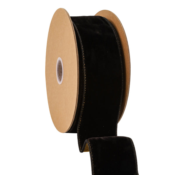 2 1/2" Wired Premium Velvet Ribbon w/ Tissue Back | Black/Gold | 10 Yard Roll