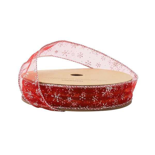 1" Wired Ribbon | Snowflakes on Red | 10 Yard Roll