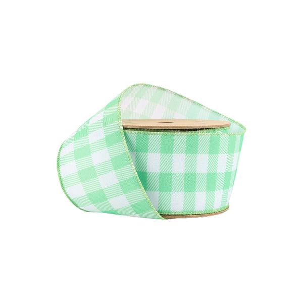 2 1/2" Wired Ribbon | White/Spring Green Gingham | 10 Yard Roll