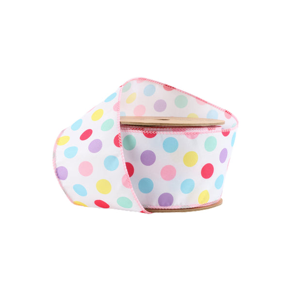 2 1/2" Wired Ribbon | White w/ Pastel Dots | 10 Yard Roll