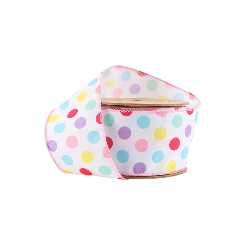 2 1/2" Wired Ribbon | White w/ Pastel Dots | 10 Yard Roll