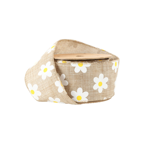 2 1/2" Wired Ribbon | Natural Linen w/ White Daisy | 10 Yard Roll