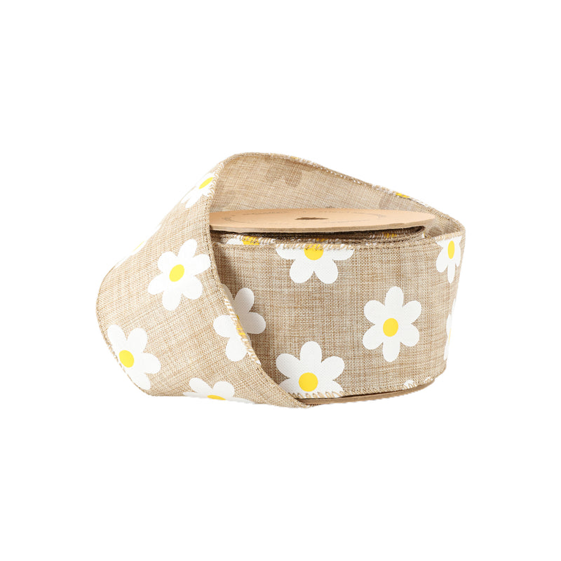 2 1/2" Wired Ribbon | Natural Linen w/ White Daisy | 10 Yard Roll