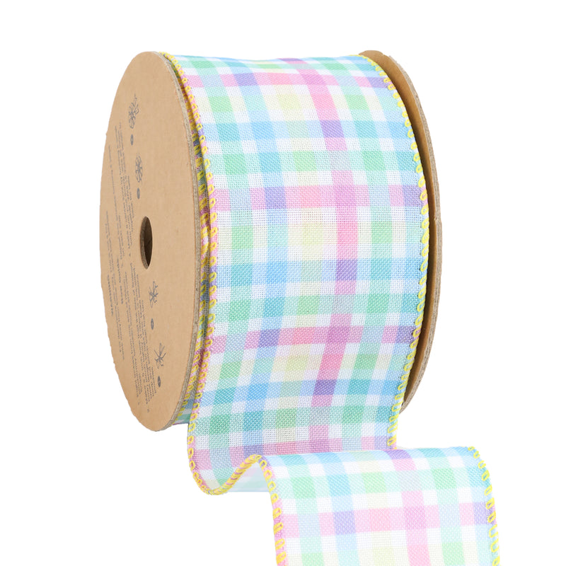 2 1/2" Wired Ribbon | White w/ Bright Plaid Green/Blue/Yellow/Pink | 10 Yard Roll