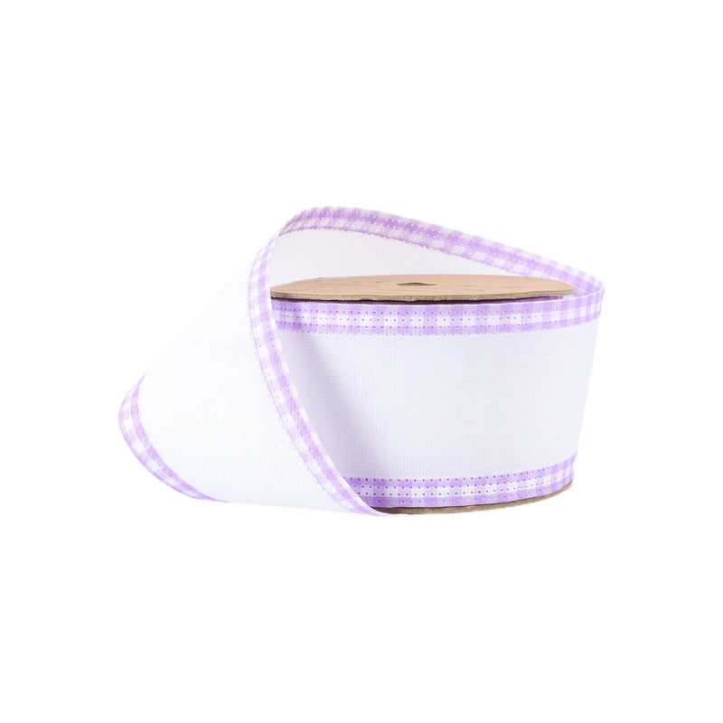 2 1/2" Wired Ribbon | White w/ Purple Gingham Edging | 10 Yard Roll