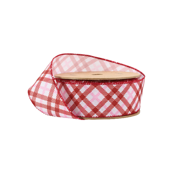 1 1/2" Wired Ribbon | White w/ Pink/Red Printed Bias Plaid | 10 Yard Roll