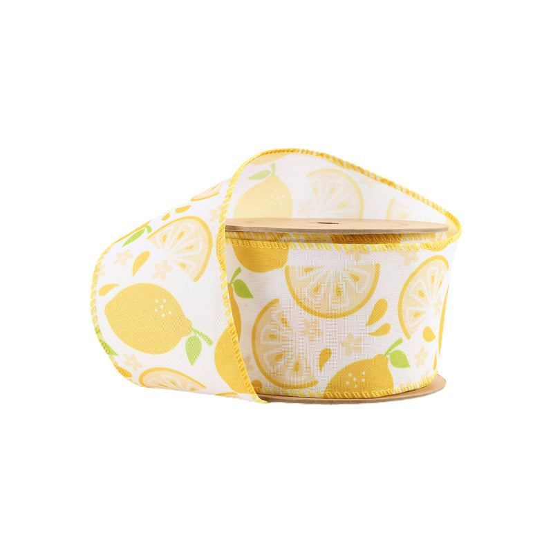 2 1/2" Wired Ribbon | Lemon Slice on White | 10 Yard Roll