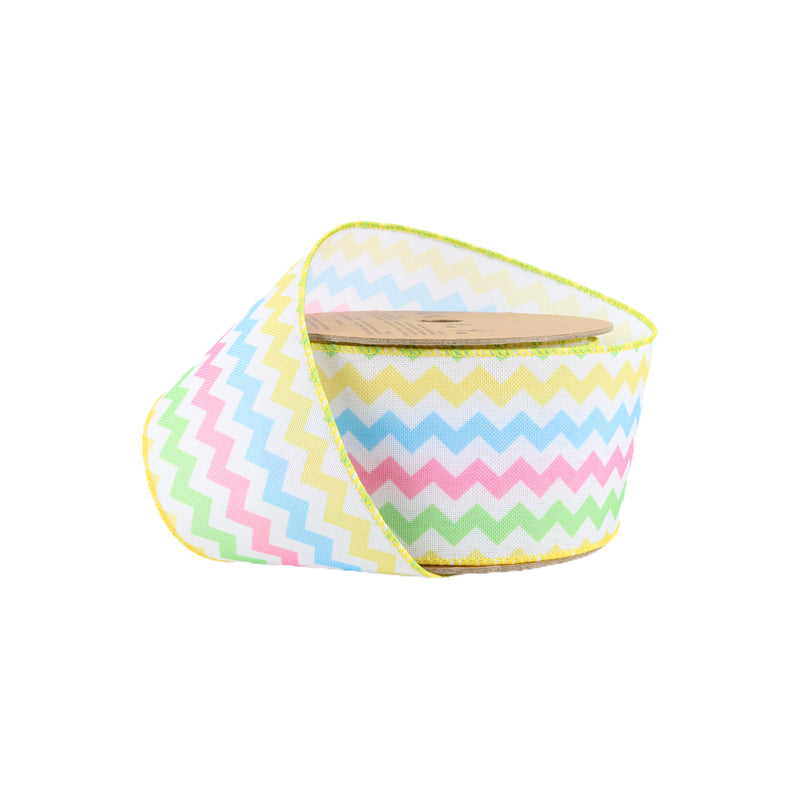 2 1/2" Wired Ribbon | White w/ Bright Ric Rac Green/Pink/Blue/Yellow | 10 Yard Roll