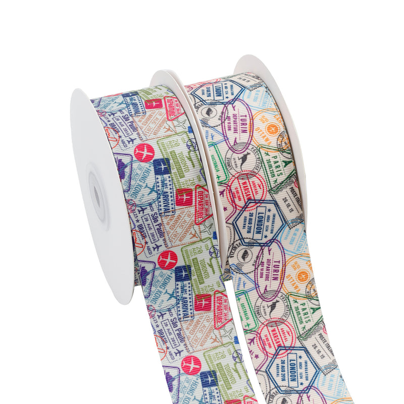 1 1/2" Printed Grosgrain Ribbon | Passport Stamps (10006) | 100 Yard Roll