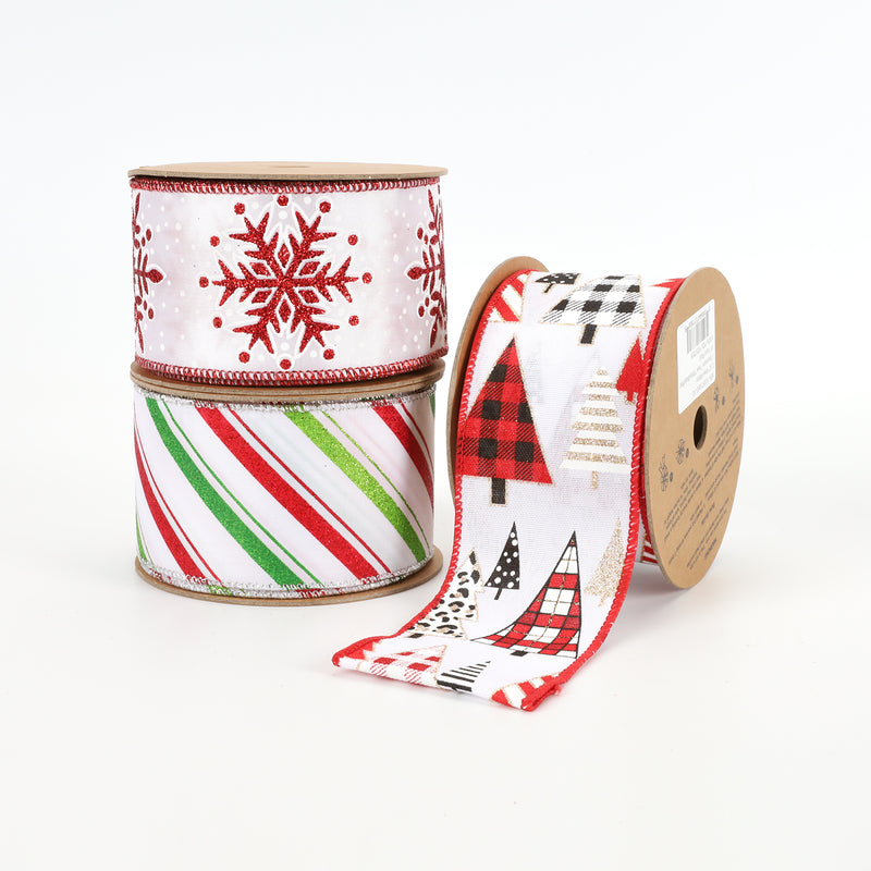 2 1/2" Wired Ribbon | "Jumbo Glitter Snowflake" White/Red | 10 Yard Roll