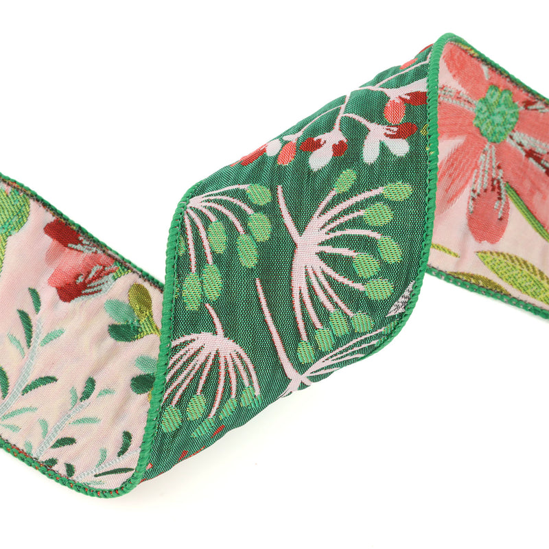 2 1/2" Reversible Floral Tapestry Wired Ribbon | Forest Green/Pink| 5 Yard Roll