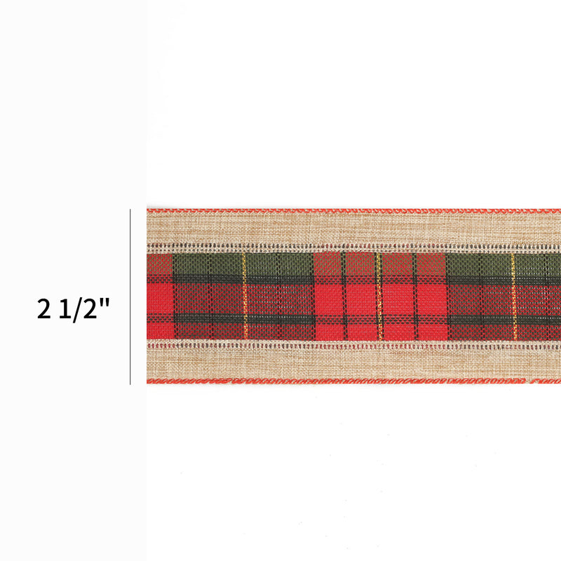 2 1/2" Burlap Holiday Wired Ribbon | "Plaid" Natural/Black/Red | 10 Yard Roll