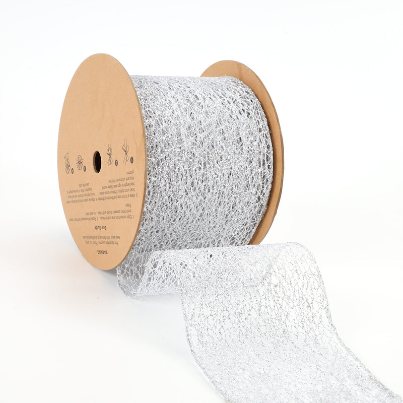 4" Mesh Wired Ribbon | Silver | 10 Yard Roll