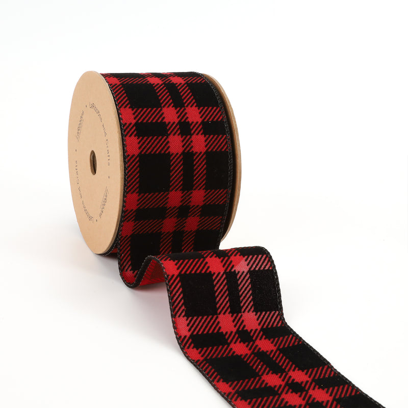 2 1/2" Holiday Wired Ribbon | "Velvet Flocked" Black/Red | 10 Yard Roll