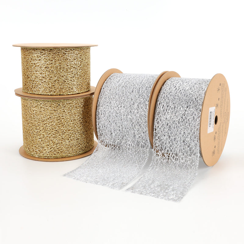 4" Mesh Wired Ribbon | Silver | 10 Yard Roll