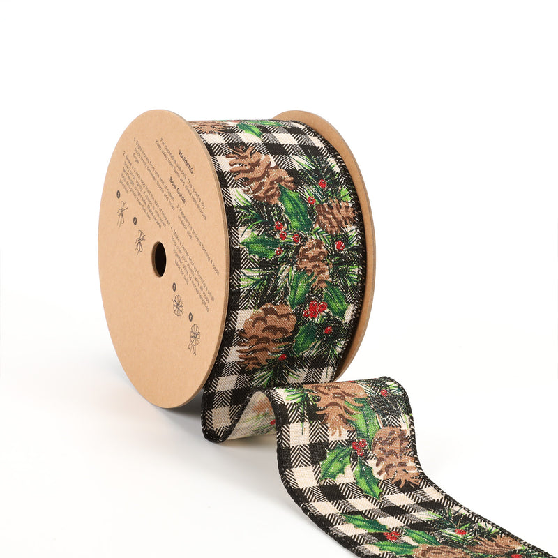 2-1/2" Printed Wired Ribbon | White/Black Check w/ Pinecone | 10 Yard Roll