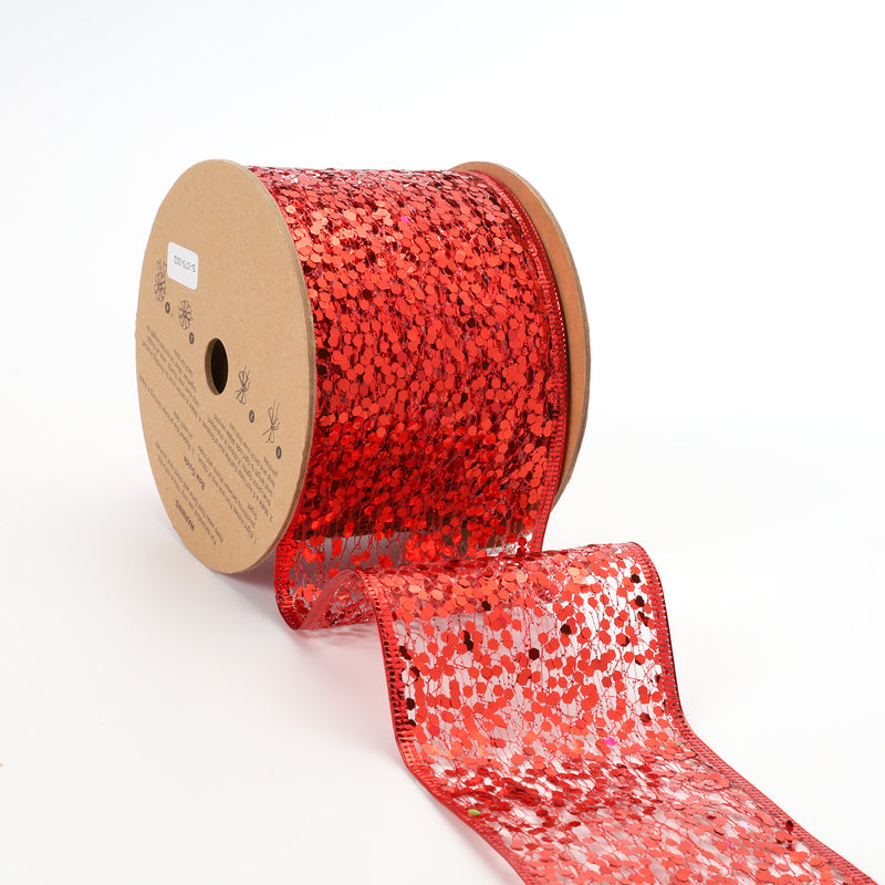 3" Sequin Wired Ribbon | Red | 10 Yard Roll