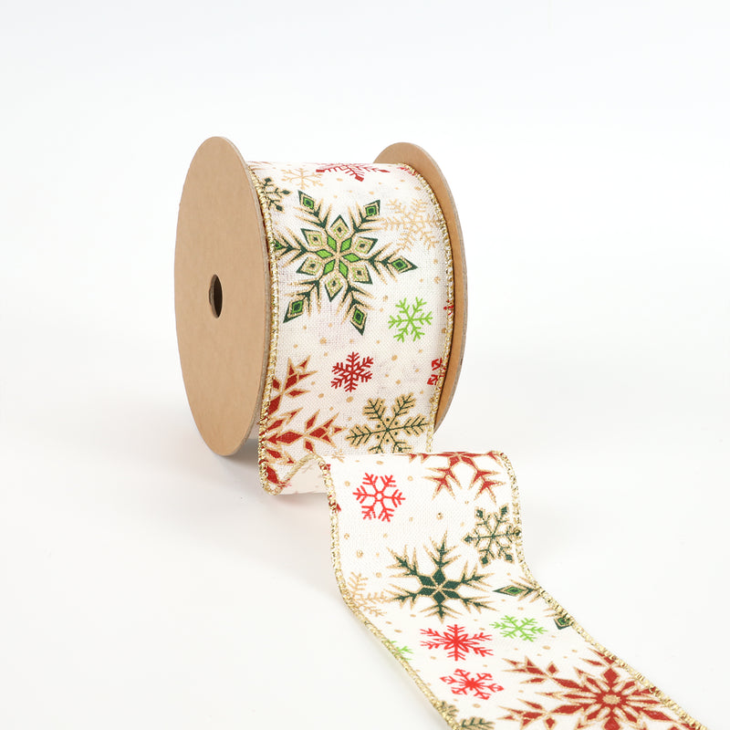 2 1/2" Wired Ribbon | "Glitter Multi Snowflake" White/Multi | 10 Yard Roll