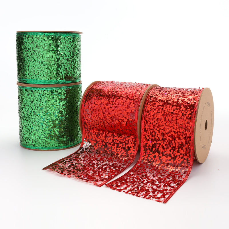 3" Sequin Wired Ribbon | Red | 10 Yard Roll