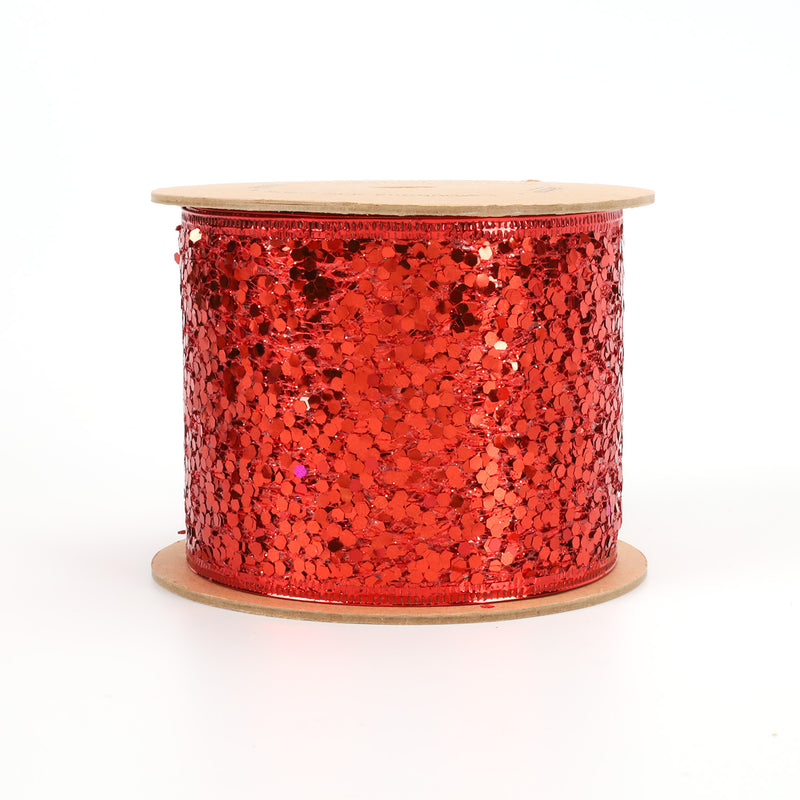 3" Sequin Wired Ribbon | Red | 10 Yard Roll