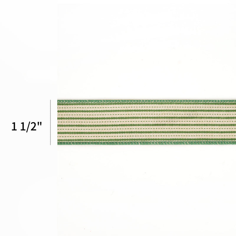 1 1/2" Wired Ribbon | "Mini Striped" White/Green | 10 Yard Roll