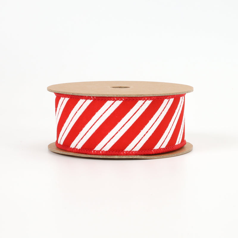 1 1/2" Wired Ribbon | "Glitter Striped" White/Red | 10 Yard Roll