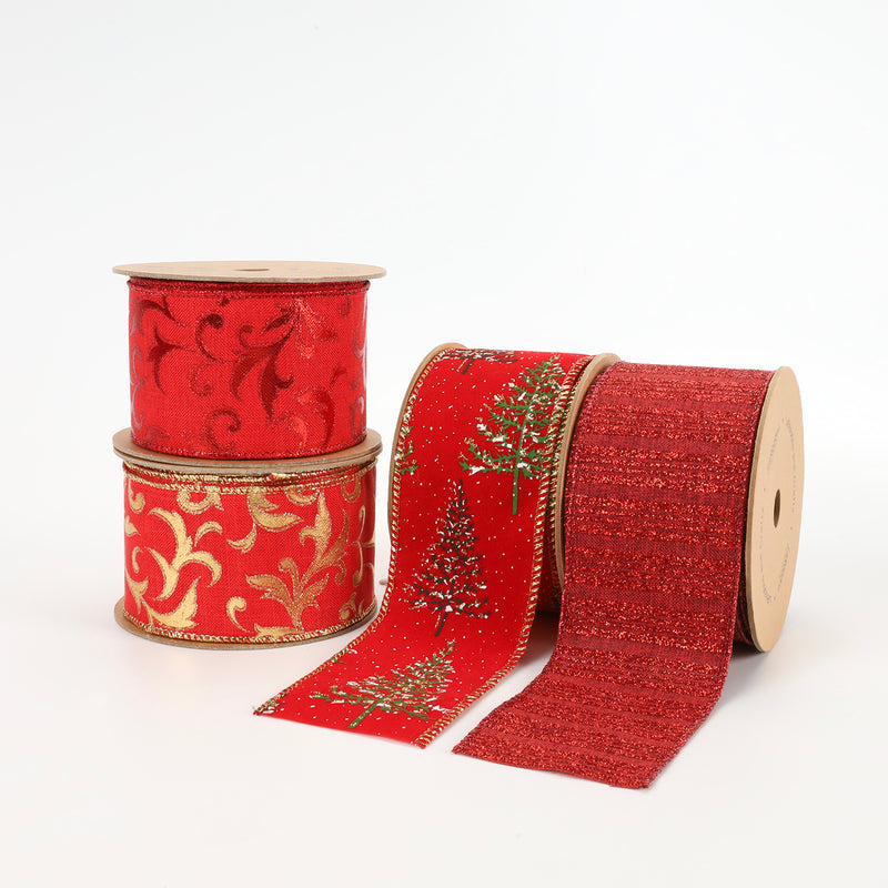 2 1/2" Holiday Wired Ribbon | "Glitter Striped" Cranberry | 10 Yard Roll