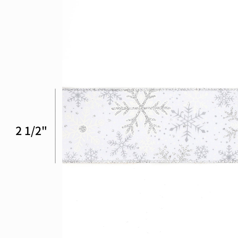 2 1/2" Wired Ribbon | "Glitter Snowflake" White/Silver | 10 Yard Roll