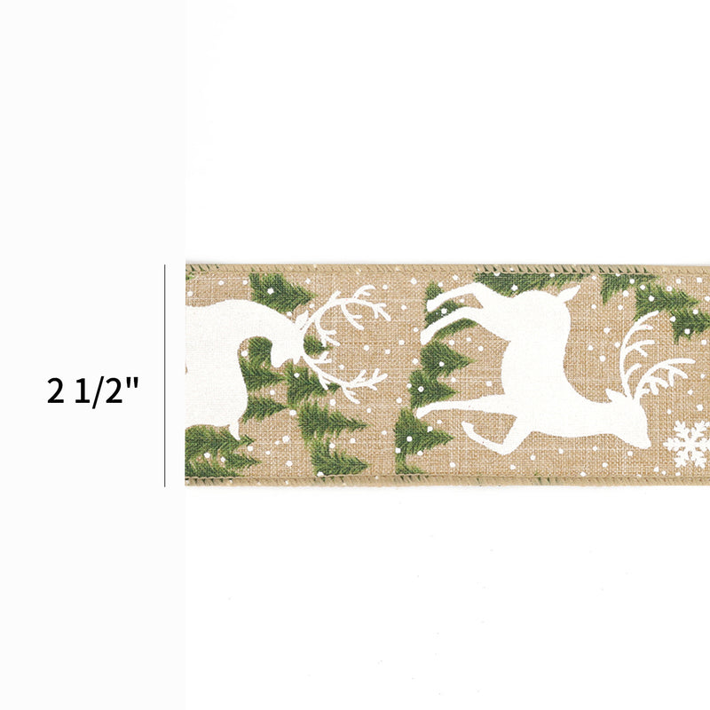 2 1/2" Wired Ribbon | "Reindeer Tree" Natural/Green/White | 10 Yard Roll