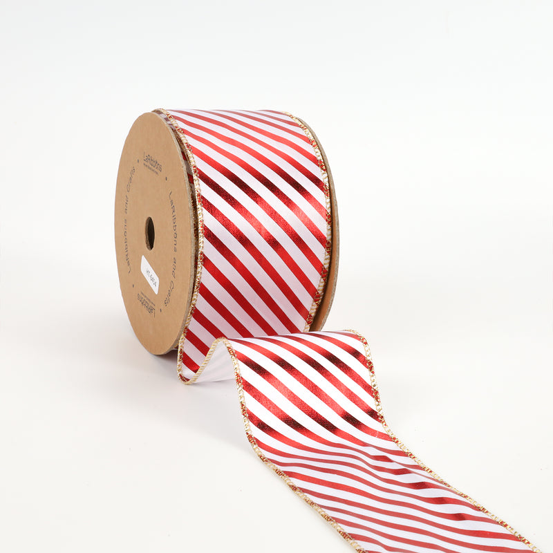 2 1/2" Holiday Wired Ribbon | "Metallic Stripe" White/Red | 10 Yard Roll