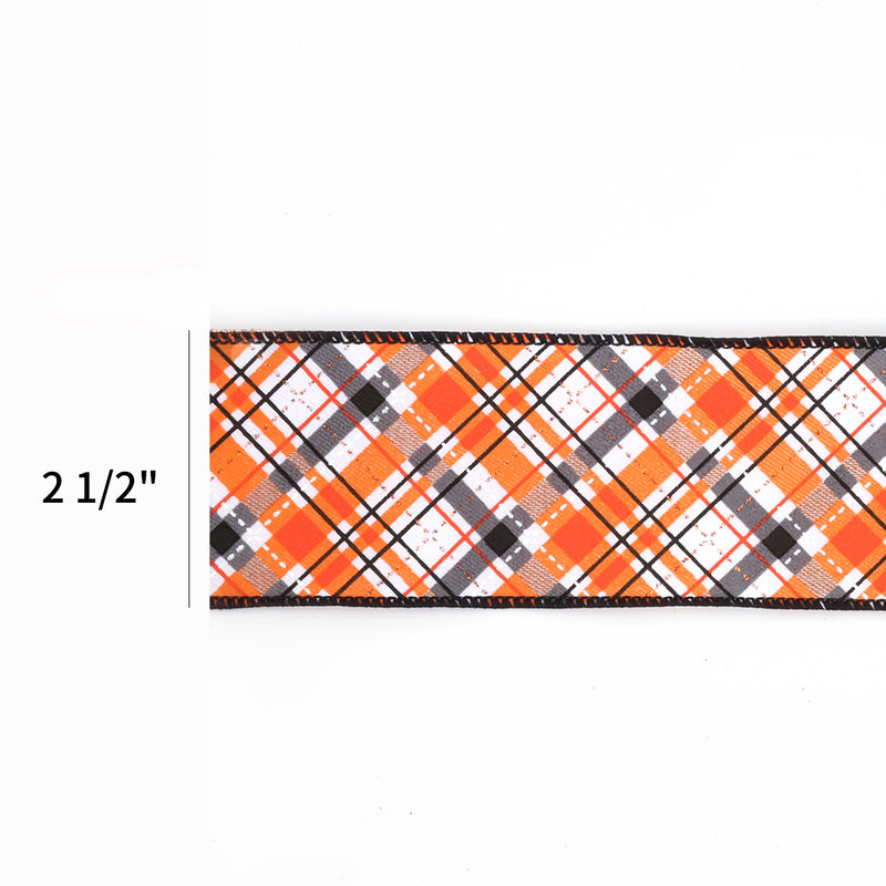 2 1/2" Wired Ribbon | "Halloween Plaid" White/Org/Black | 10 Yard Roll